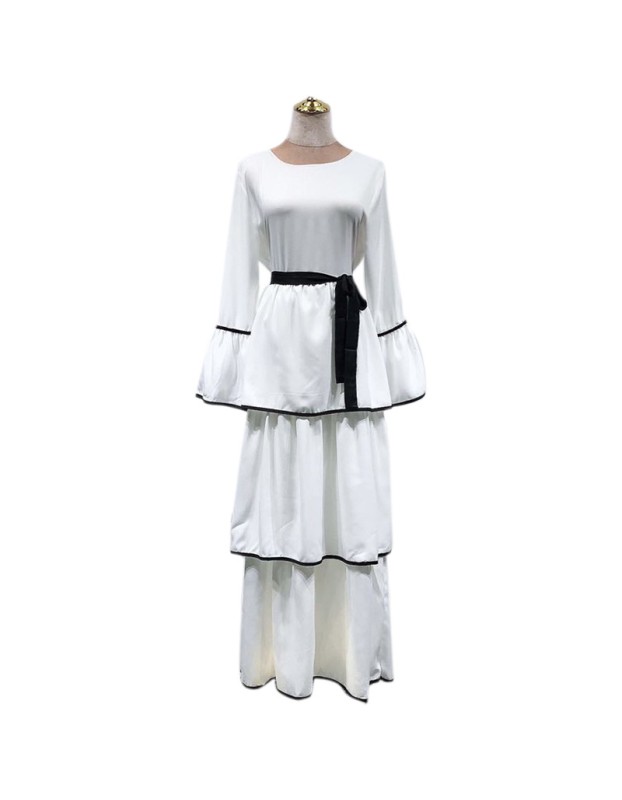 Plus Size Waist Strap Cake Flared Long Sleeve Black And White Casual Dress 1912