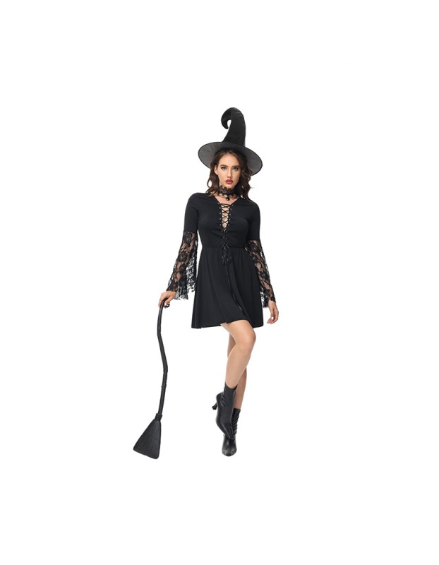 Halloween Party Cosplay Stage Black Cutout Lace Witch Dress Costume SL3399