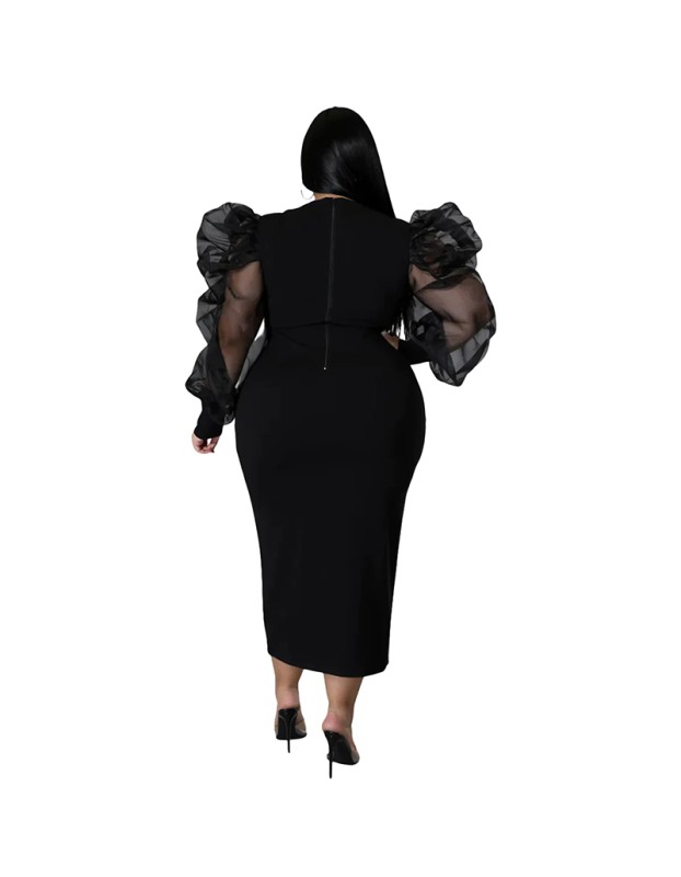 Sexy Women Solid Color Yarn Sleeve Plus Size Dress 9416