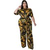 Plus Size Short Sleeved Printing Shoulder Two Piece Long Pants Set 8615