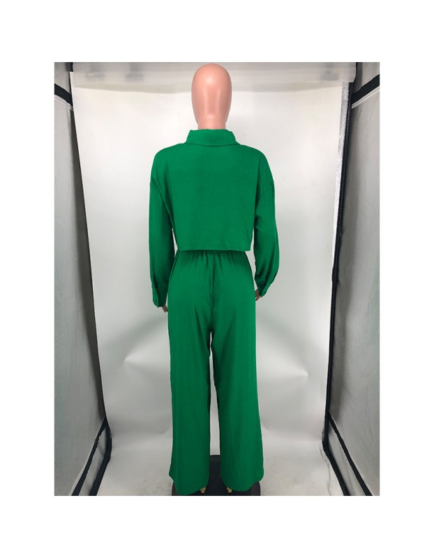 Women's Autumn Simple Solid Color Shirt Wide Leg Straight Pants Casual Suit YM8628