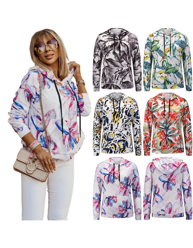 Coat Jacket Floral Print Long-Sleeved Pullover Casual Women Hoodies Fashionable LQ156
