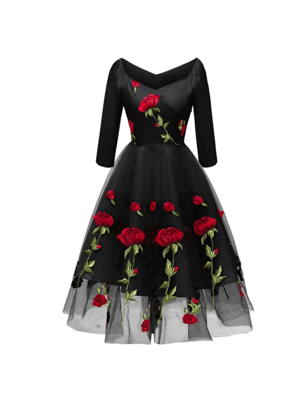 Rose Embroidery Dinner Party Lady Evening Net Yarn Dress Wedding Sexy CD1657