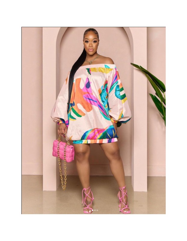 Women's Clothing  Line Shoulder Lantern Sleeve Printed Dress YM8623