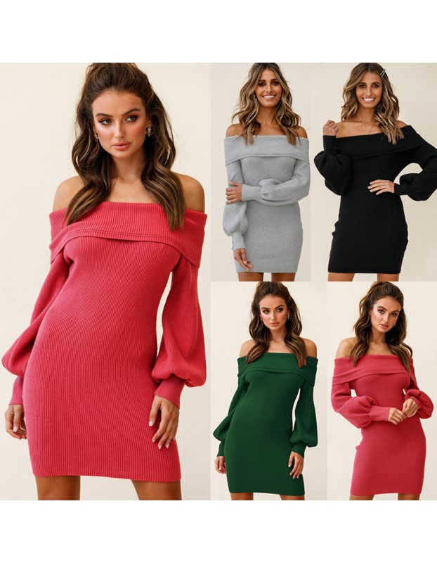 Sexy Bag Hip Black Strapless Lantern Long Sleeve Mini Ribbed Dress LQ171