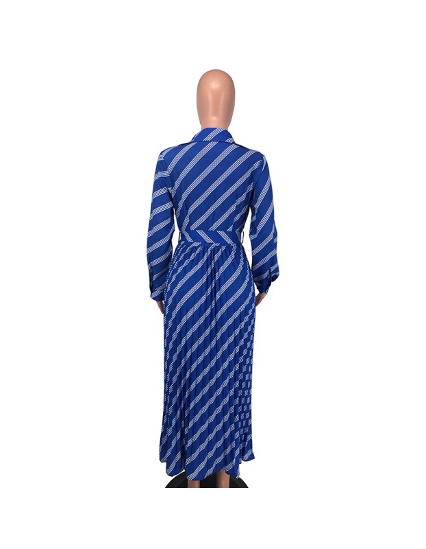Sexy Women's V-neck Long Sleeve Exquisite Printed Pleated Dress YM8632