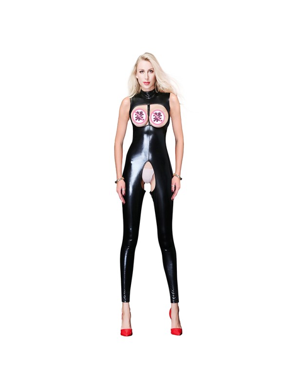 Women Hollowed Out Patent Leather Jumpsuit Club Suit Biker Bodysuit 6757