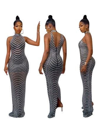 See Through Women Sexy Backless Hot Diamond Elegant Party Dress X5259