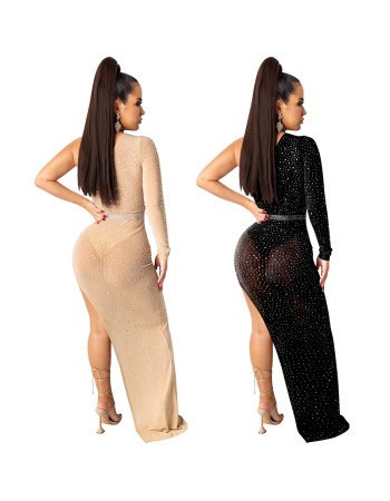 Rhinestone Mesh Women Evening Elegant Single Cuff Sexy Night Dresses X5028