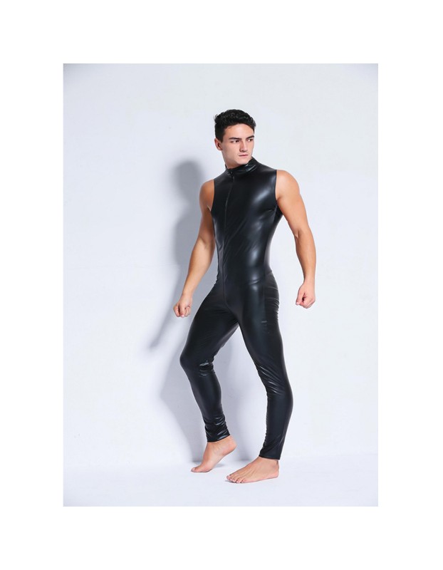 Men Sexy Patent Leather Tight Stage Performance Leather Bar Jumpsuit XX6002
