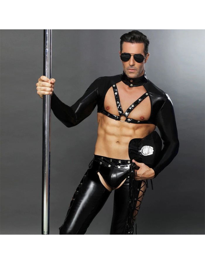 Men Sexy Wet Look PVC Leather Cosplay Police uniform N965