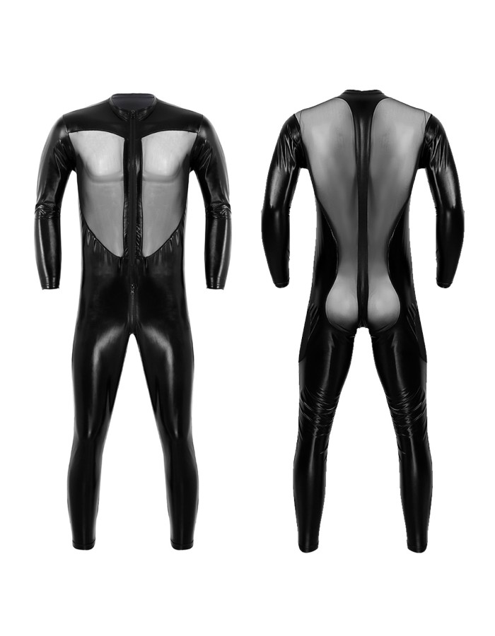 Men's Sexy Mesh Patchwork PVC Leather Bodysuit N972