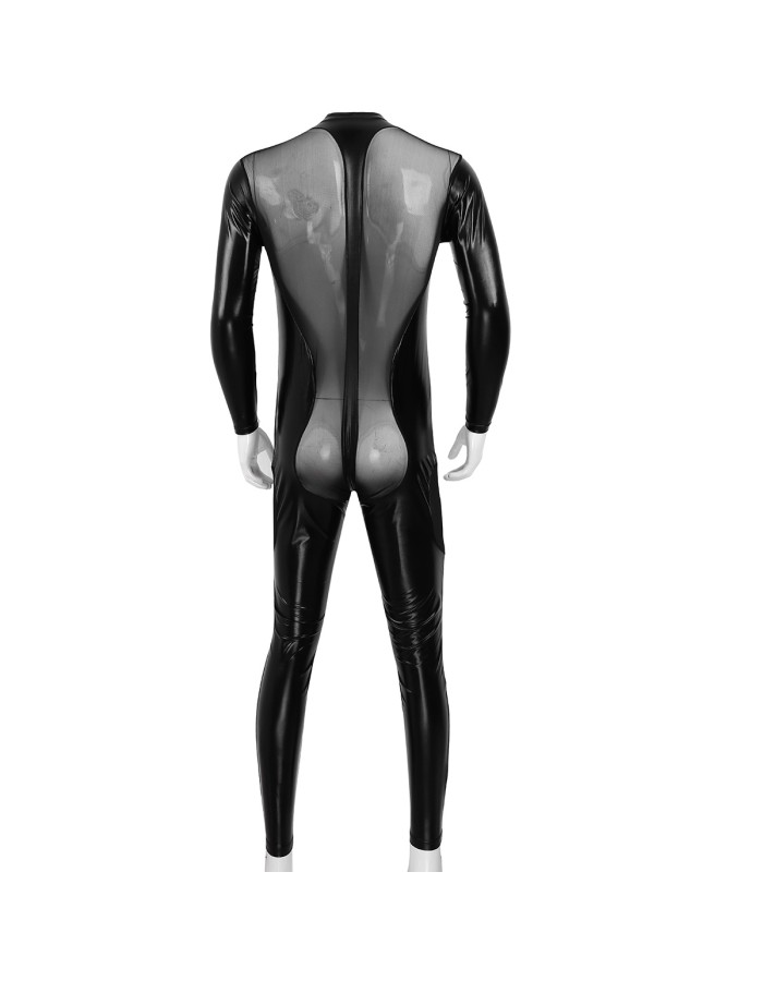 Men's Sexy Mesh Patchwork PVC Leather Bodysuit N972
