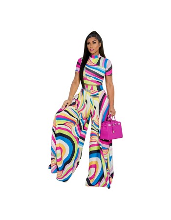 Fashion Dew Printed Wide-Leg Pants Short Sleeved Two Piece Suit 9405