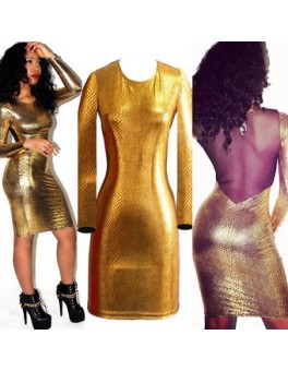 Sexy Gold Hollow Out Bodycon Dress M3900