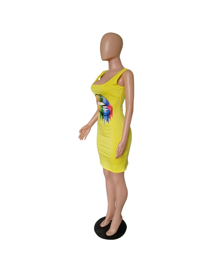 Lips Printed T-Shirt Basic Vest Dress m8441