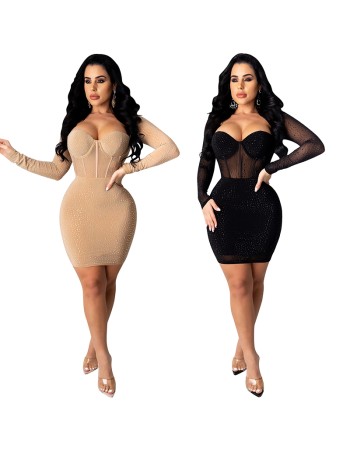 Hot Drilling Perspective Elegant Sexy Long Sleeve Dresses Women X3851