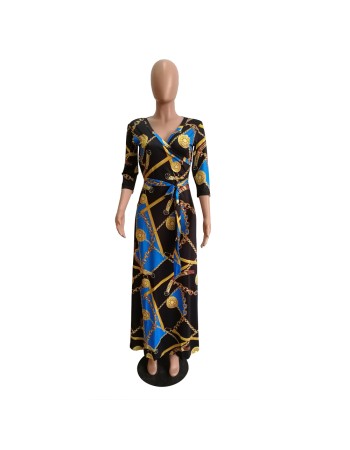 Women V-Neck Half Sleeves Chain Print Maxi Dress M8349