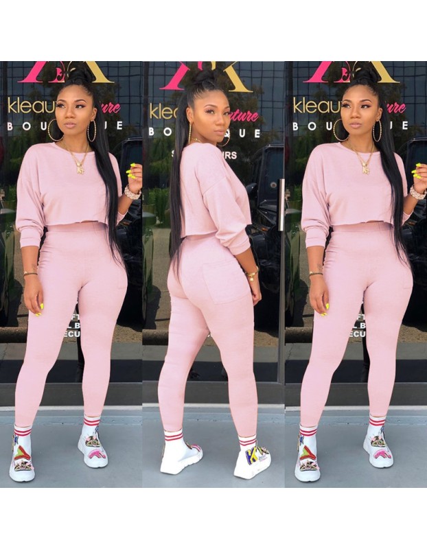 Autumn O-neck Two Pieces Set Long Sleeve Sweatshirt + Pant Suit M8473