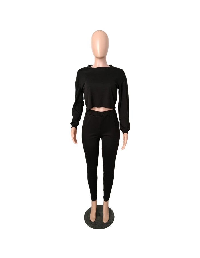 Autumn O-neck Two Pieces Set Long Sleeve Sweatshirt + Pant Suit M8473