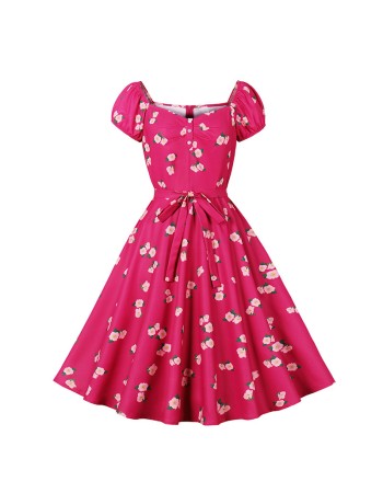 Princess Style Sweet Front Strap Waist Short Sleeve Eight Piece Swing Dress 5136