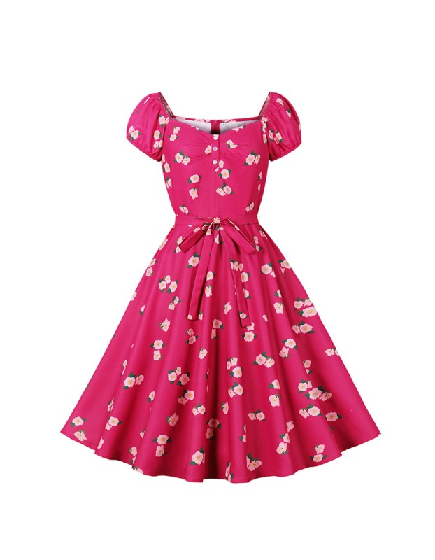 Princess Style Sweet Front Strap Waist Short Sleeve Eight Piece Swing Dress 5136