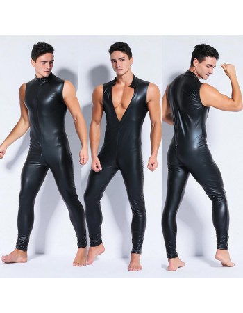 Men Sexy Patent Leather Tight Stage Performance Leather Bar Jumpsuit XX6002
