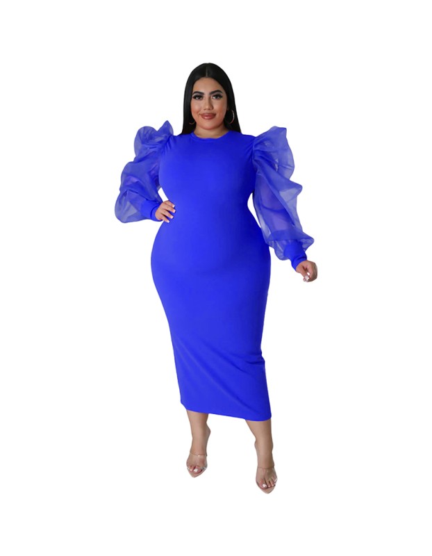 Sexy Women Solid Color Yarn Sleeve Plus Size Dress 9416