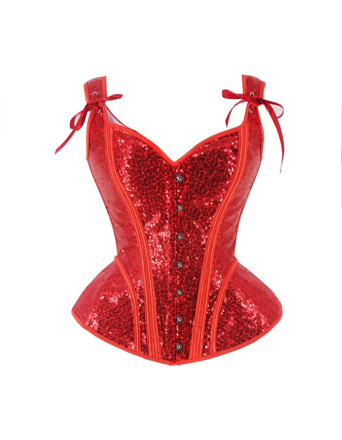 Women Red Sexy Sequin Overbust Corset Tops with Shoulder Straps WK2382