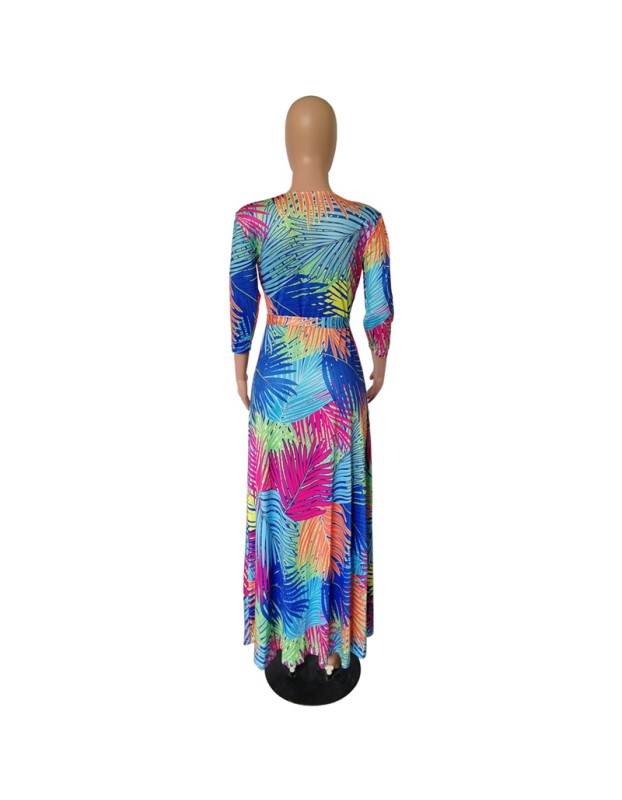 Summer Sexy V Neck Green Palm Leaf Print Holiday Maxi Dress m8408