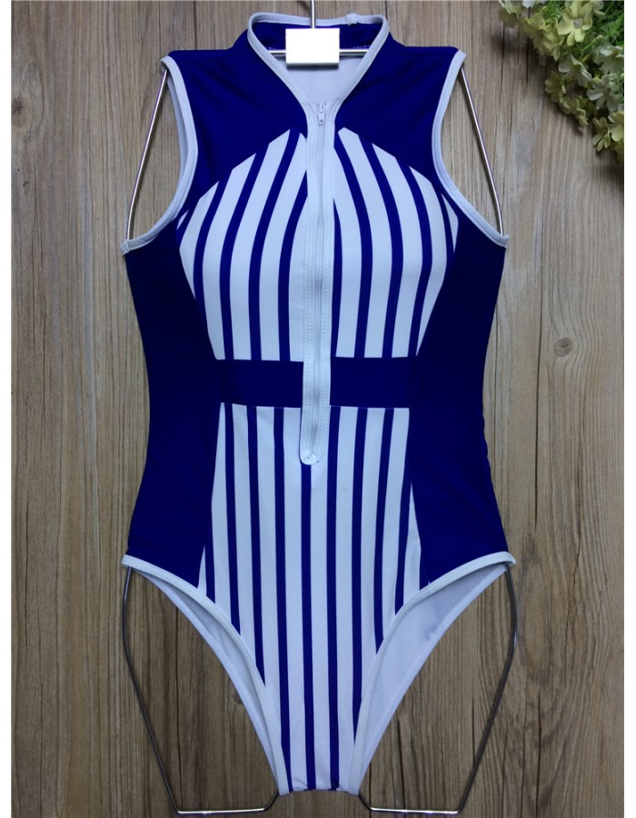 Ladies sexy retro printing zipper bikini V collar one-piece swimsuits
