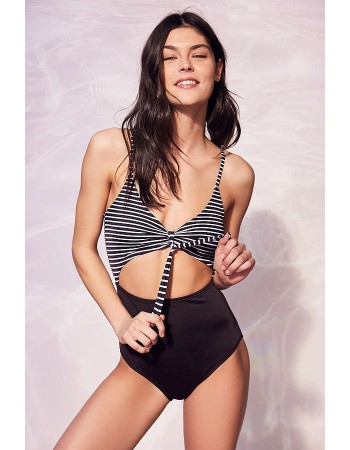 Black White Striped Hollow Out Sexy Two Pieces Bikini Swimsuit 18005L
