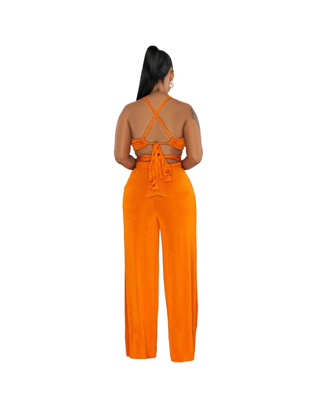 Women's Halter Cross-Strap Solid Color Wide-Leg Pants Two Piece Set 9428