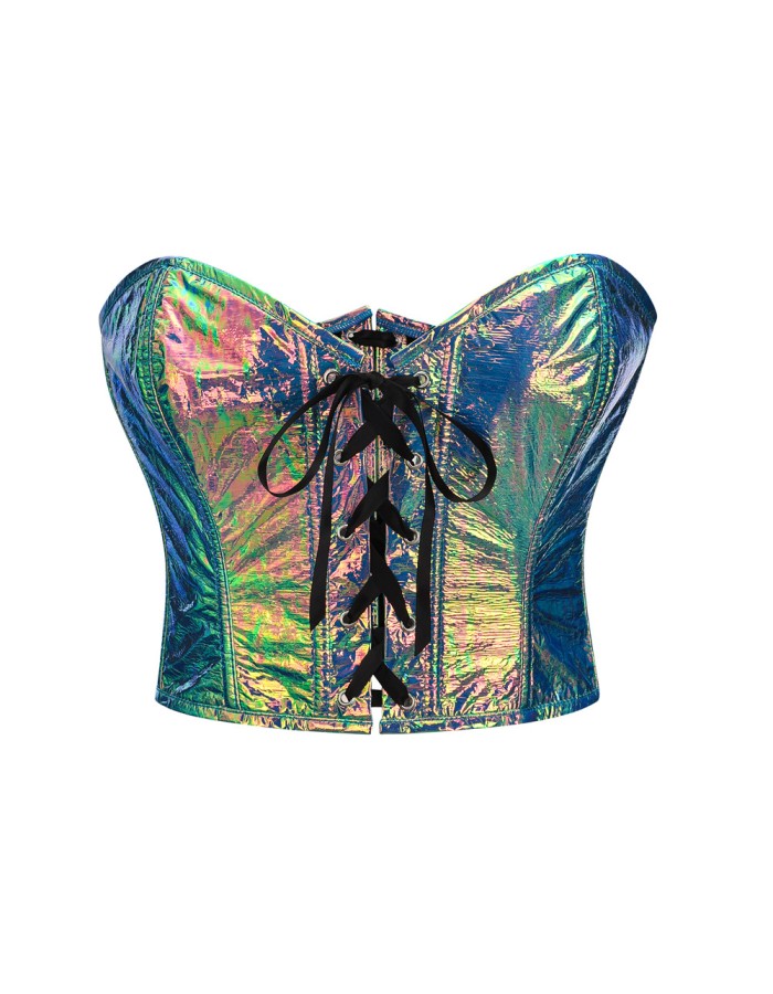 SexyY2K Women Shiny Leather Gothic Metallic Bustier Corset Cami Top 22026