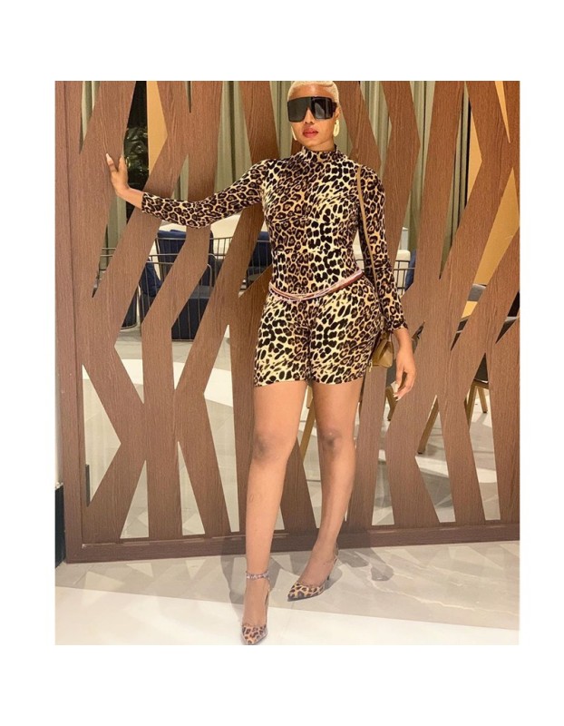 Sexy Long Sleeves Turtleneck Leopard Fitness Biker Playsuits M9125