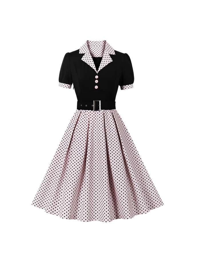 Women's 50s 60s Vintage Polka Dot Print Pin Up Rockabilly Dress With Belt M5173