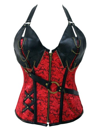 Red color corset Zipper Front leather cup top corset Halter design chain 14 steel boned corset