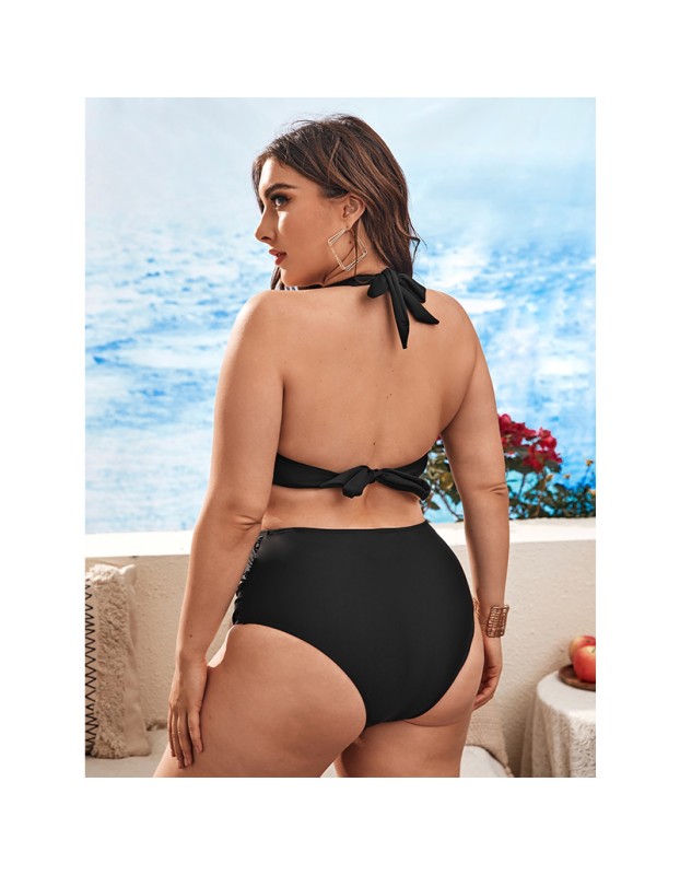 Black Sexy Women Bikini Set Print Swimsuit Two Piece Bikini For Fat Woman 499