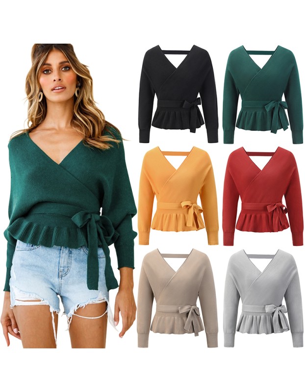 Long Sleeve Knitted Sexy Pull Over V-Neck Short Top Sweater LQ152