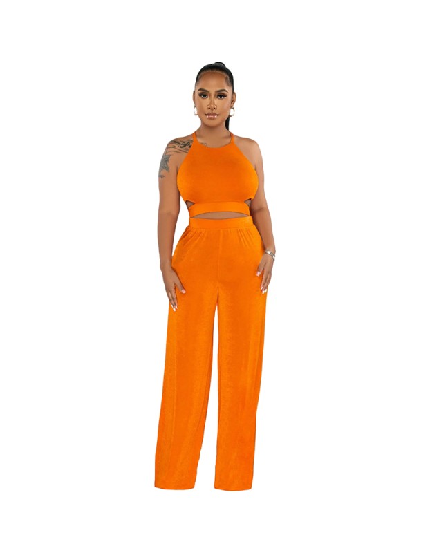 Women's Halter Cross-Strap Solid Color Wide-Leg Pants Two Piece Set 9428
