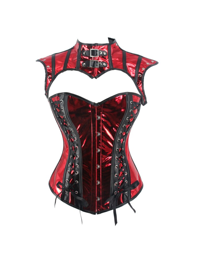 Retro Shiny Metallic Faux Leather Corset Set Women Overbust Bustier Femme Punk Clothing WK2304b