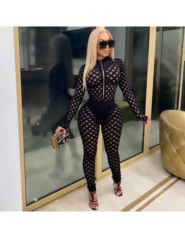 Women Sexy Solid See-through Hollow Out Skinny Jumpsuit Culbwear CM811