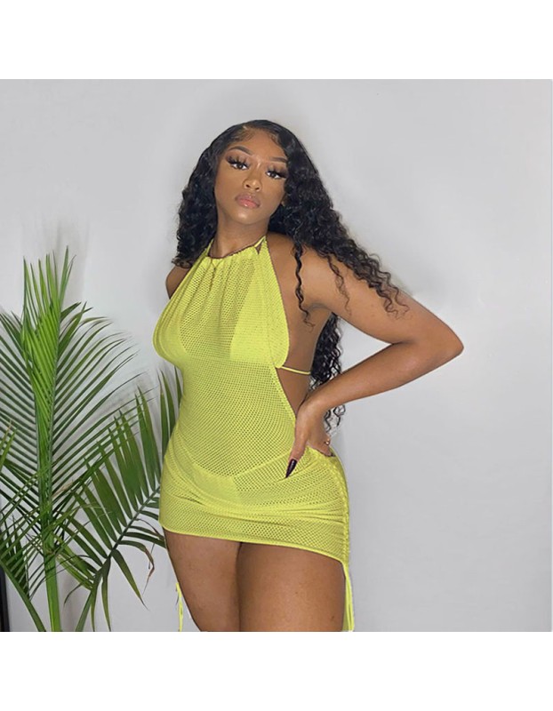 Pure Color Mesh Tight-Fitting Straps Sexy Mini Bikini Swimsuit Three Piece Set M076