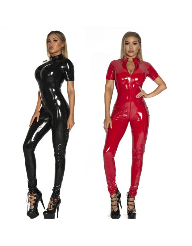 Sexy Zipper Open Crotch Jumpsuits Shiny Faux Leather Erotic Clubwear Bodysuit XX67832