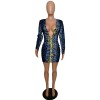 Long Sleeve Snake Print Women Sexy Bodycon Dresses m8337