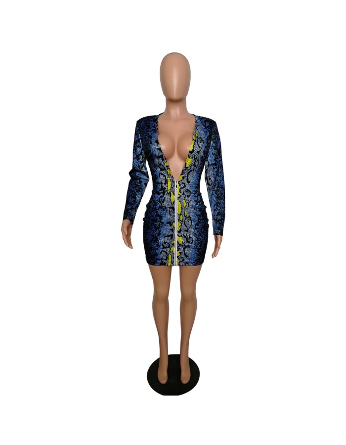 Long Sleeve Snake Print Women Sexy Bodycon Dresses m8337