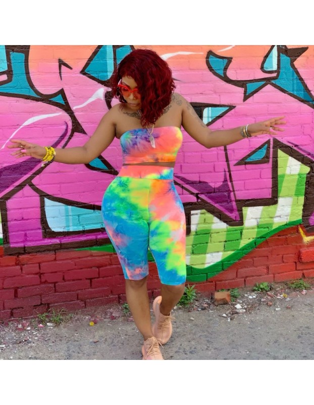 Women Sexy Two Piece Set Colorful Print Tube Top And Knee Length Pants m8418
