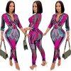 Digital Print Women  V-neck Long Sleeve Pants Casual Two Piece Set X5281