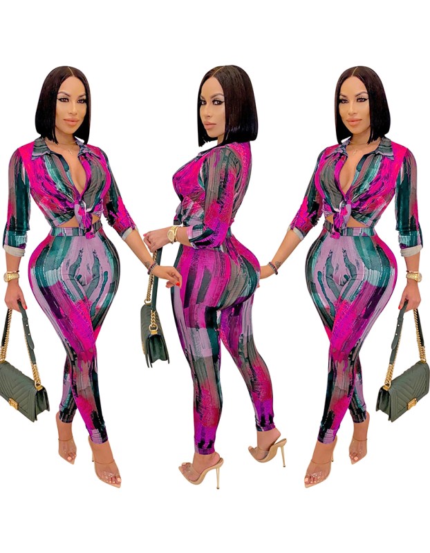 Digital Print Women  V-neck Long Sleeve Pants Casual Two Piece Set X5281