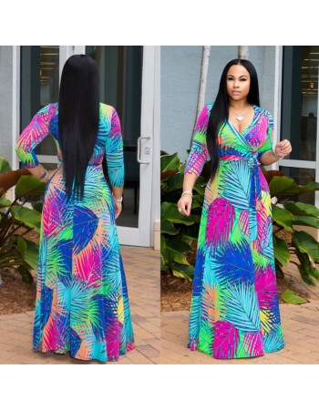 Summer Sexy V Neck Green Palm Leaf Print Holiday Maxi Dress m8408